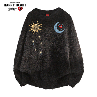 查尔斯桃心美式 仿貂绒图案印花慵懒亲肤针织上衣潮 圆领毛衣秋冬季