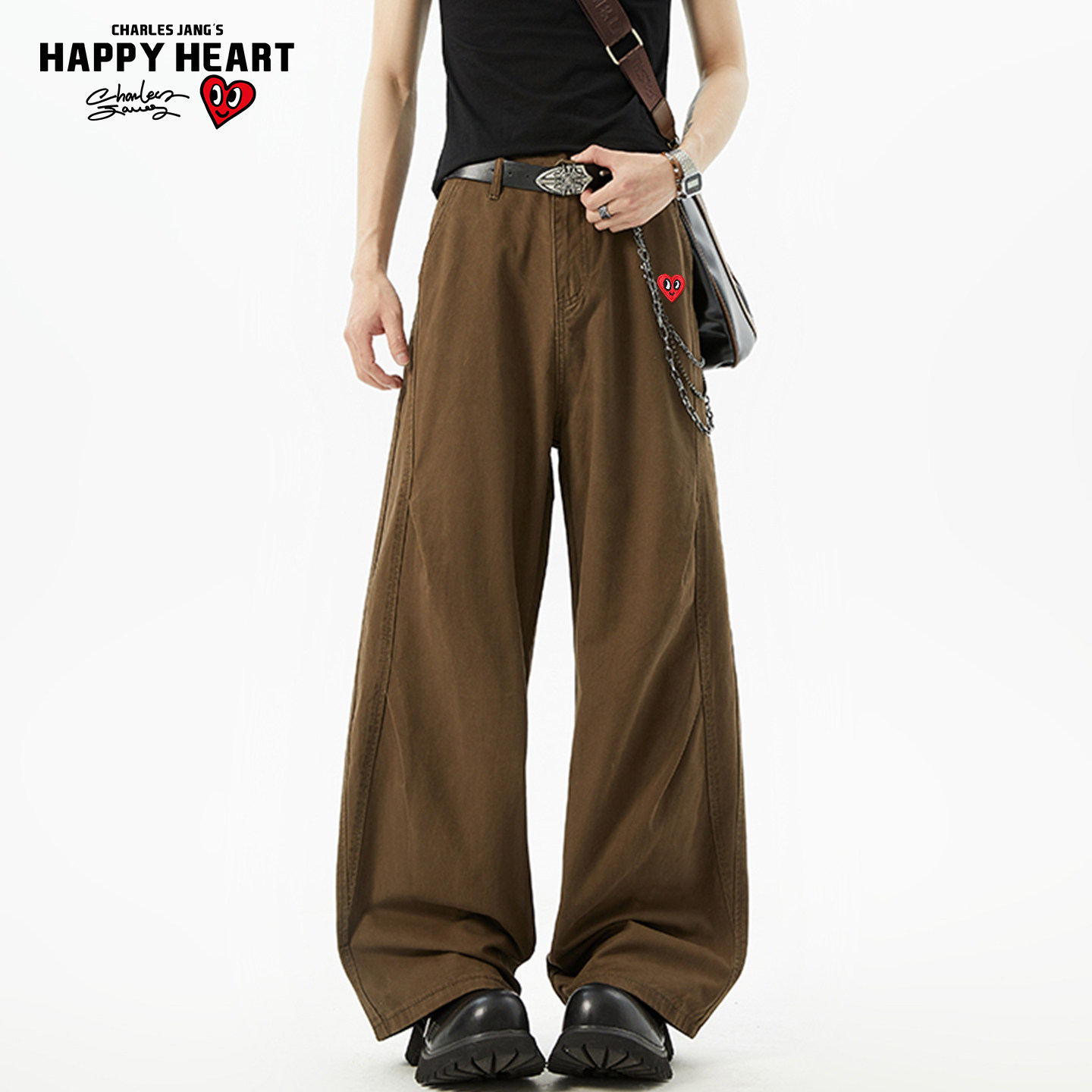 查尔斯桃心美式复古弯刀工装裤男款2026春季宽松直筒阔腿休闲长裤,男装,休闲裤,淘宝优惠券,粉丝福利购,淘宝优惠卷