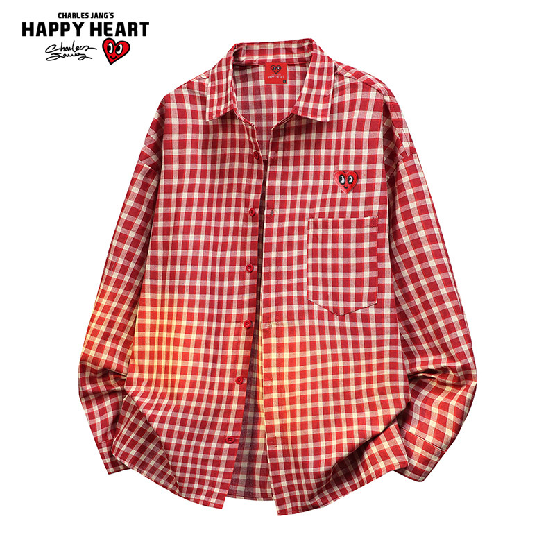 查尔斯桃心 美式格子翻领长袖衬衫女男春夏秋季百搭衬衣情侣外套