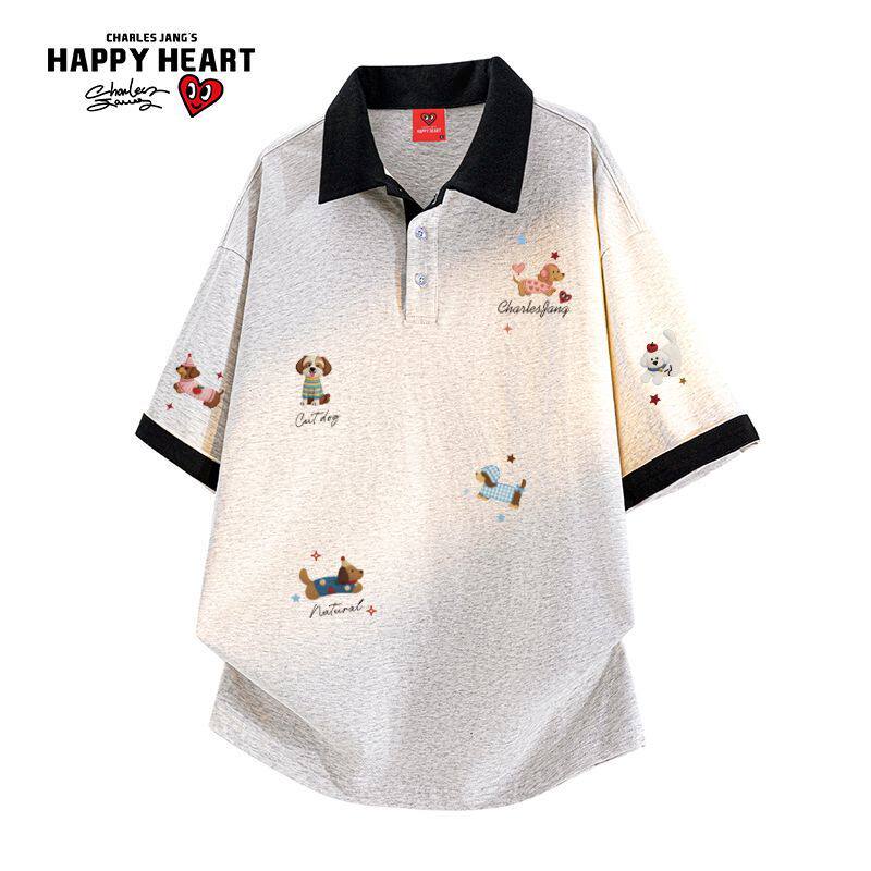 查尔斯桃心纯棉夏季新款撞色腊肠狗卡通印花POLO翻领短袖T恤情侣