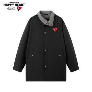 查尔斯桃心 美式格纹中长款风衣男春秋季新款克鲁苏文职大衣夹克