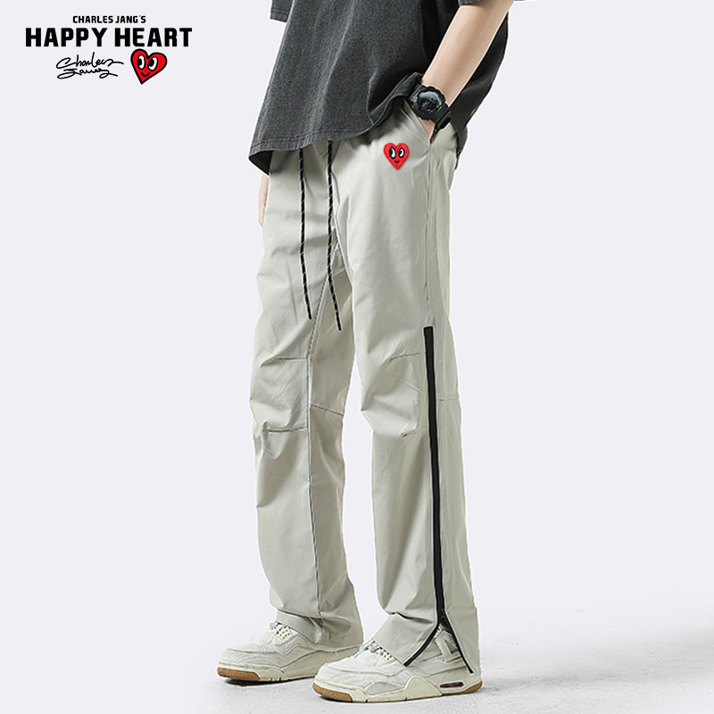 查尔斯桃心 美式高街机能冲锋裤男春秋季侧边拉链褶皱直筒长裤子
