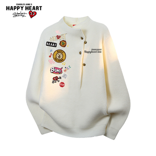 查尔斯桃心不规则纽扣半高领慵懒毛衣男秋冬季新款宽松休闲针织衫