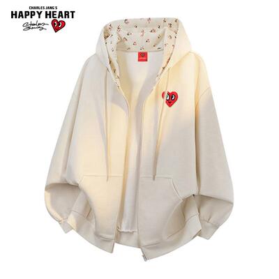 查尔斯桃心 开衫卫衣外套男春秋季宽松休闲百搭情侣款连帽上衣服
