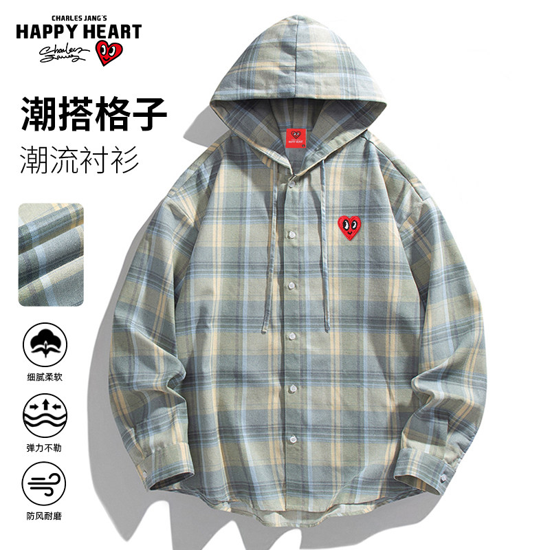 查尔斯桃心美式连帽格子长袖衬衫