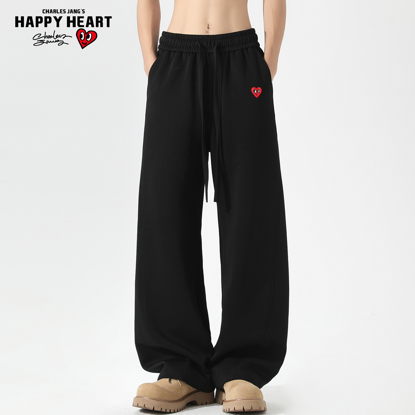 查尔斯桃心美式重磅弯刀卫裤男女秋冬季加绒加厚宽松直筒阔腿裤子