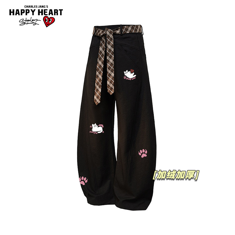 查尔斯桃心小猫印花宽松直筒加绒加厚弯刀休闲长裤子男女冬季新款