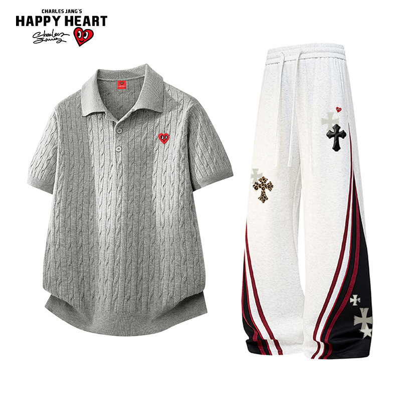 查尔斯桃心休闲套装男女夏季2026新款短袖麻花T恤条纹印花运动裤