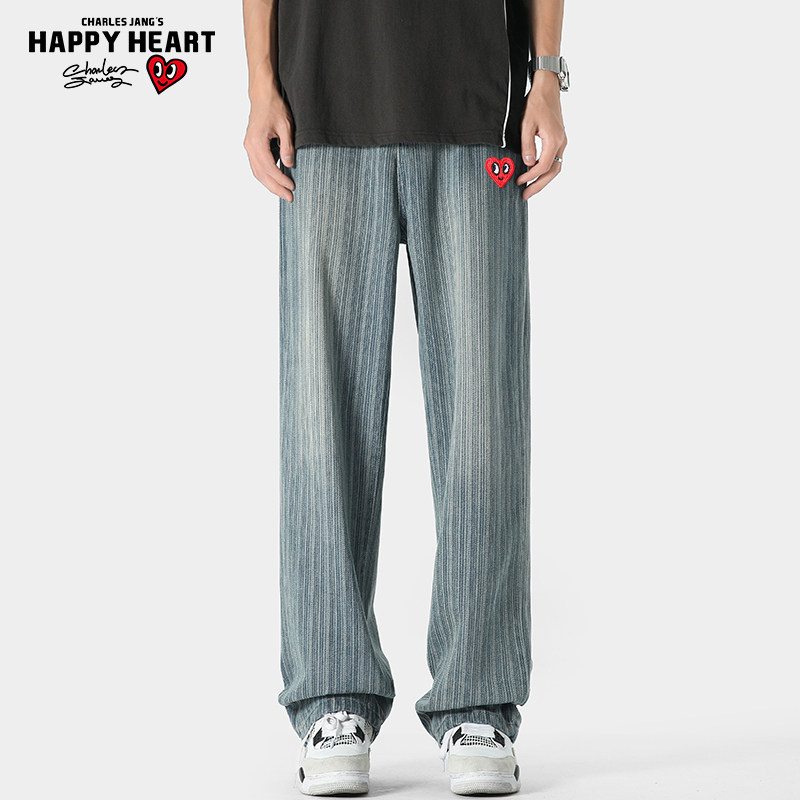 查尔斯桃心 春秋新款美式复古直筒休闲宽松大码牛仔裤男高级感