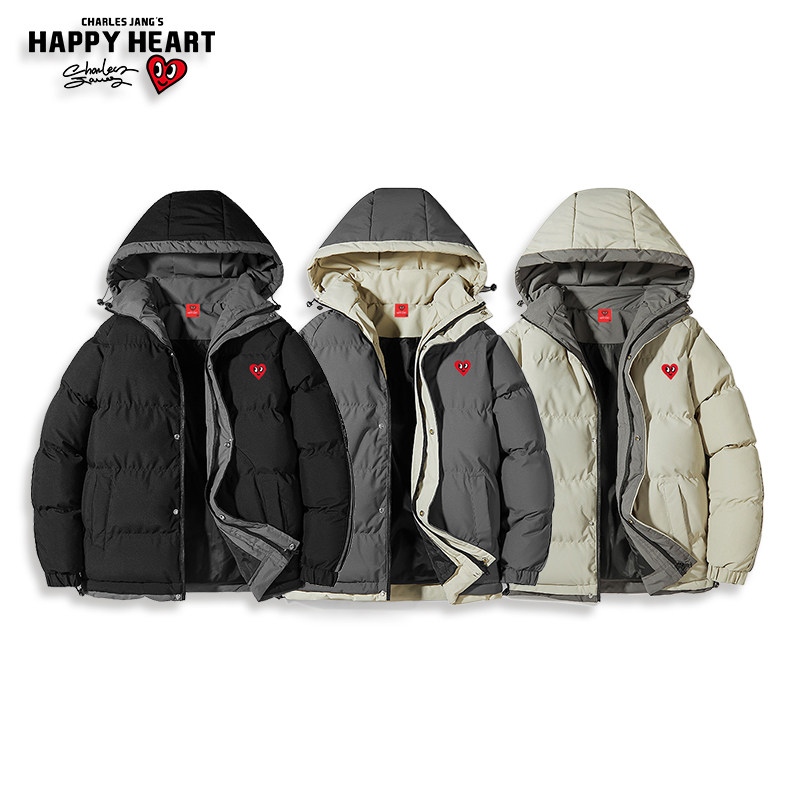 CHARLES PEACH HEART WINTER THICKENED COTTON JACKET MENS 2024 NEW HOODED LOVE COAT CLOTHES AUTUMN AND WINTER STYLE