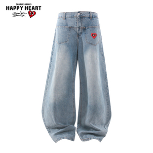 查尔斯桃心美式复古倒装牛仔裤男设计感潮牌百搭宽松直筒微喇长裤