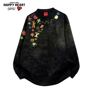 查尔斯桃心 美式扎染项链涂鸦印花卫衣男圆领秋冬季新款百搭上衣