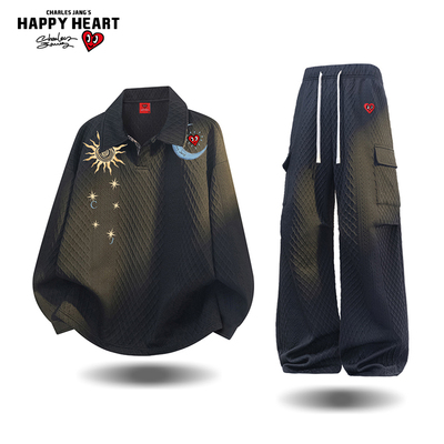 查尔斯桃心 日月印花套装男春秋季翻领提花肌理长袖卫衣休闲长裤