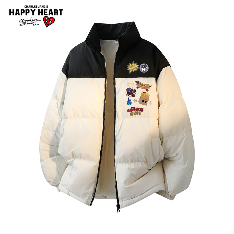 查尔斯桃心立领趣味印花羽绒服男
