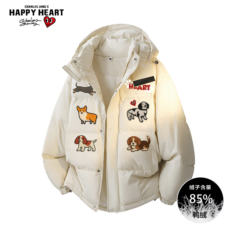 查尔斯桃心小狗趣味印花连帽羽绒服男士冬季新款保暖加厚情侣外套