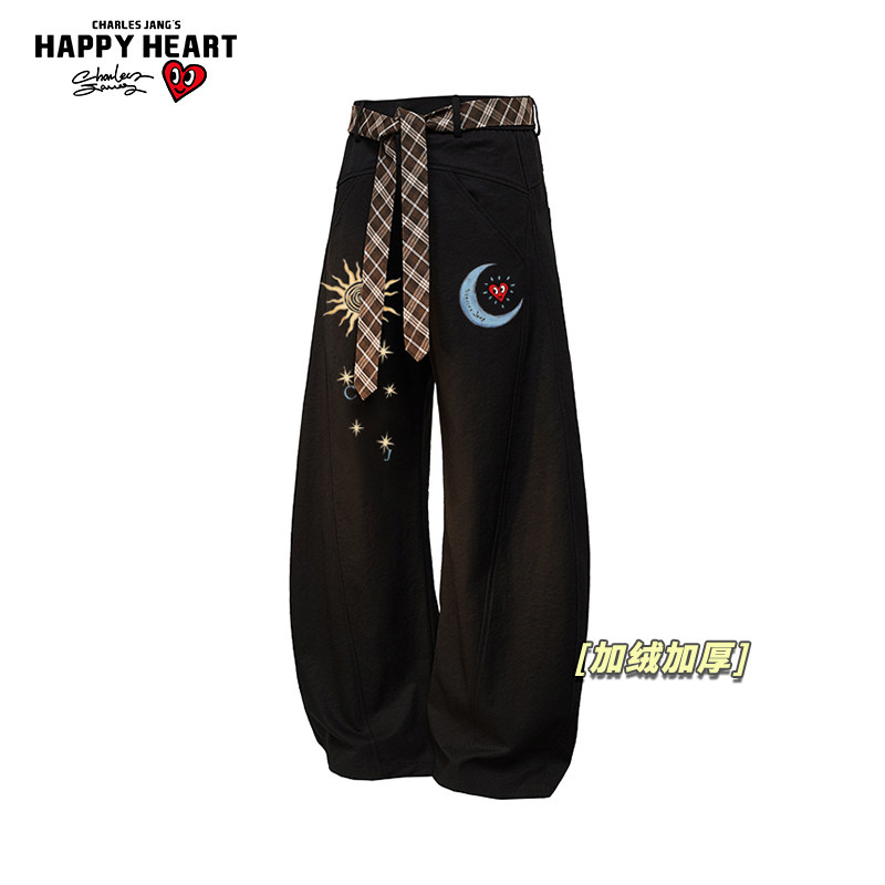 查尔斯桃心太阳月亮印花加绒加厚休闲弯刀直筒长裤子男女冬季新款