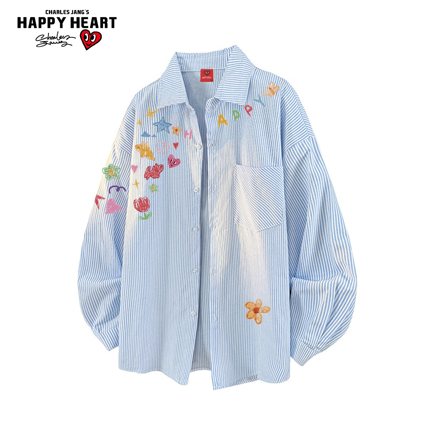 查尔斯桃心美式涂鸦印花条纹衬衫男女春夏季宽松百搭长袖衬衣外套
