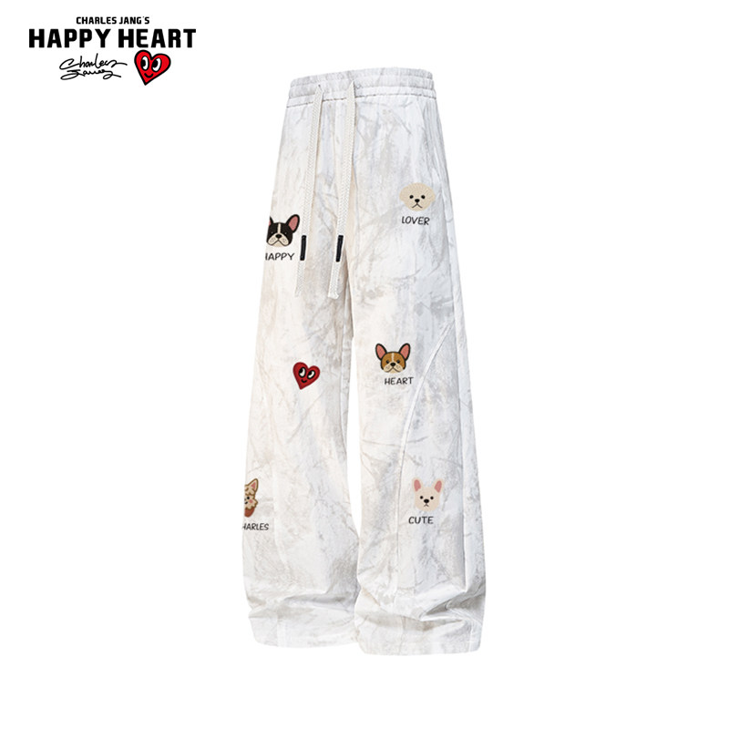 查尔斯桃心小狗印花美式扎染休闲裤男女春秋季2026新款潮牌直筒裤