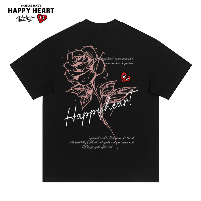 查尔斯桃心 美式手绘玫瑰印花短袖t恤男夏季新款纯棉圆领落肩上衣