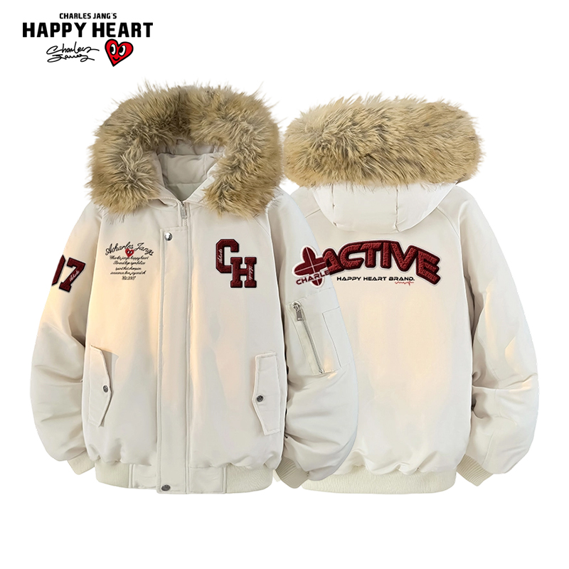 查尔斯桃心字母印花毛领棉服男冬季新款宽松