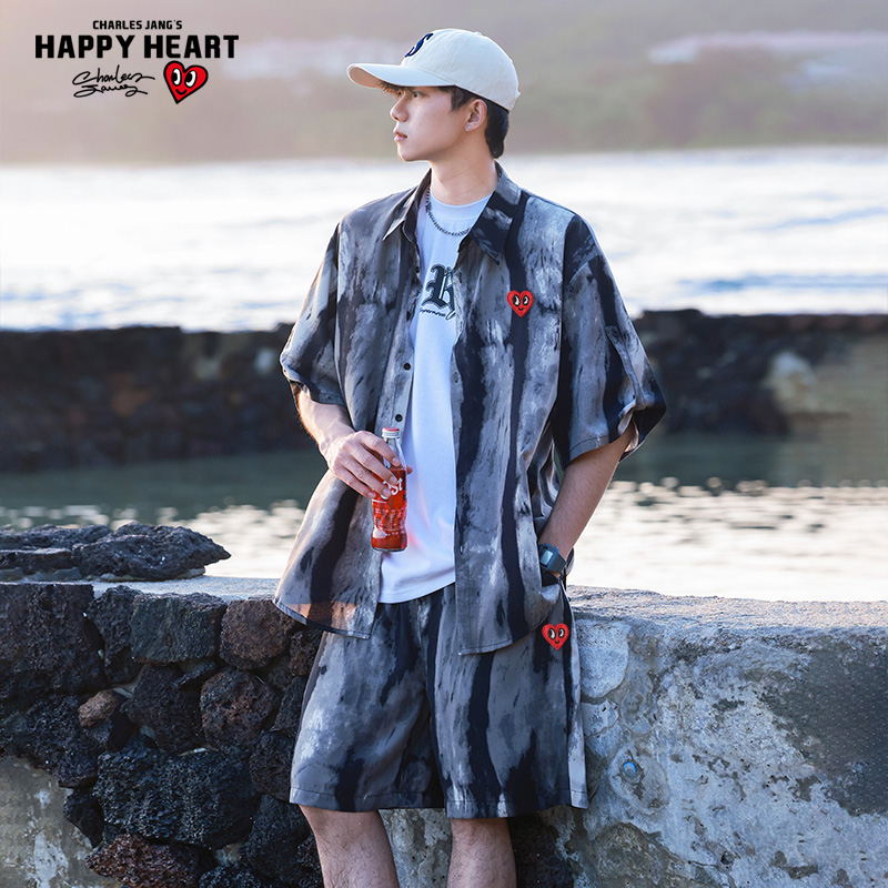 查尔斯桃心扎染短袖衬衫短裤套装