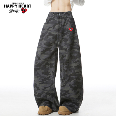 查尔斯桃心迷彩工装牛仔裤男女春秋季2025新款宽松直筒阔腿长裤子