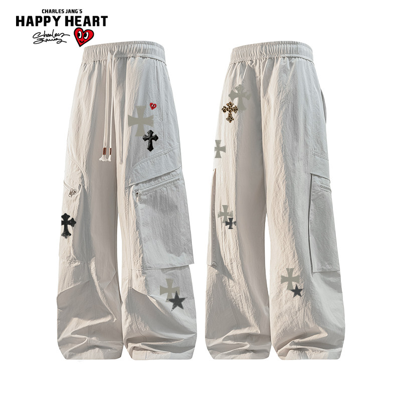 查尔斯桃心十字架印花潮牌冲锋裤男女春秋季伞兵裤休闲工装长裤子,男装,休闲裤,淘宝优惠券,粉丝福利购,淘宝优惠卷
