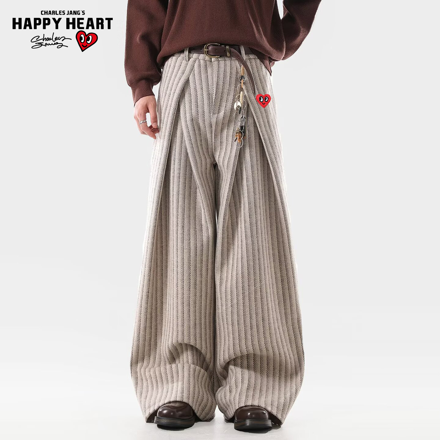 查尔斯桃心美式条纹打褶设计感西裤男女春上新宽松直筒休闲长裤子