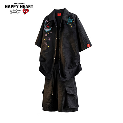 查尔斯桃心 星星月亮印花工装短袖衬衫套装男夏季休闲衬衣运动套