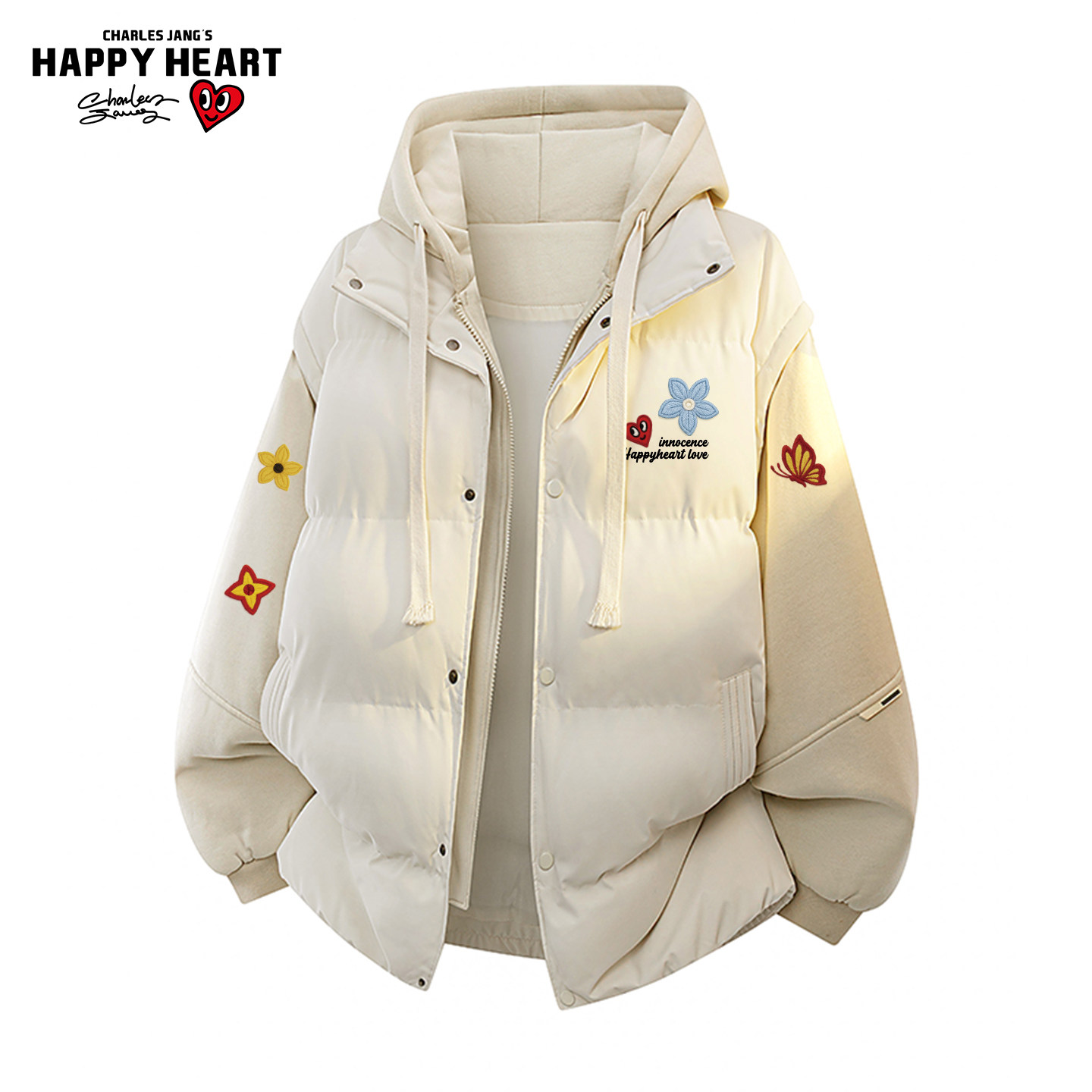 查尔斯桃心美式印花假两件连帽棉服男女冬季加厚保暖潮牌情侣外套,男装,棉衣,淘宝优惠券,粉丝福利购,淘宝优惠卷