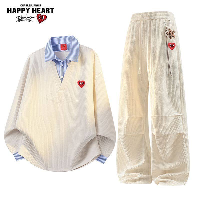 查尔斯桃心美式撞色衬衫领假两件卫衣套装男女春秋情侣长裤两件套,男装,休闲运动套装,淘宝优惠券,粉丝福利购,淘宝优惠卷