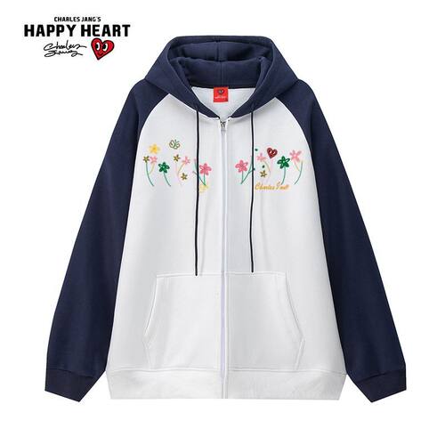 查尔斯桃心花卉拼色连帽开衫卫衣