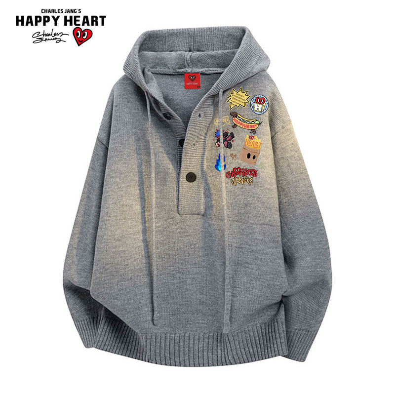 查尔斯桃心 勇者动漫印花深V领毛衣男女秋冬季休闲针织衫情侣外套