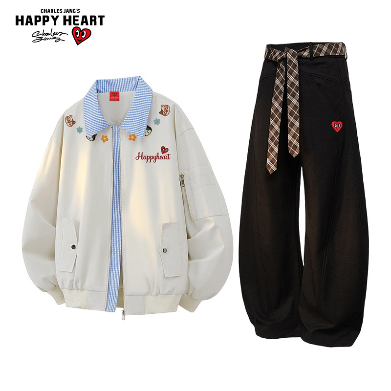 查尔斯桃心 撞色拼接套装小猫印花翻领夹克外套直筒休闲长裤情侣