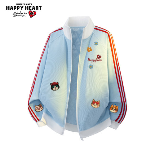 查尔斯桃心猫咪字母印花撞色棉服