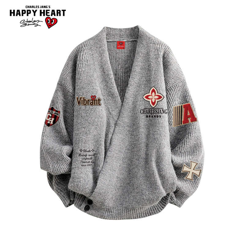 查尔斯桃心美式印花慵懒开衫毛衣男冬季新款宽松休闲情侣针织外套