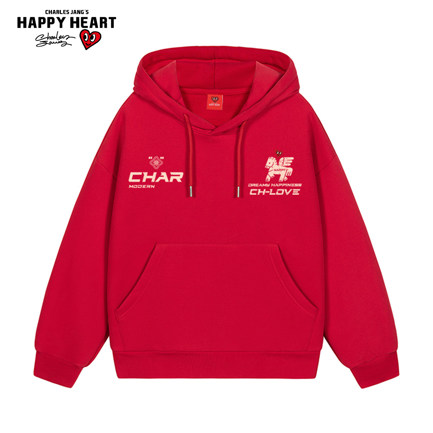 查尔斯桃心美式复古学院风马年贺岁红色连帽卫衣男女春秋休闲外套