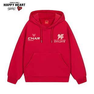 查尔斯桃心美式复古学院风马年贺岁红色连帽卫衣男女春秋休闲外套