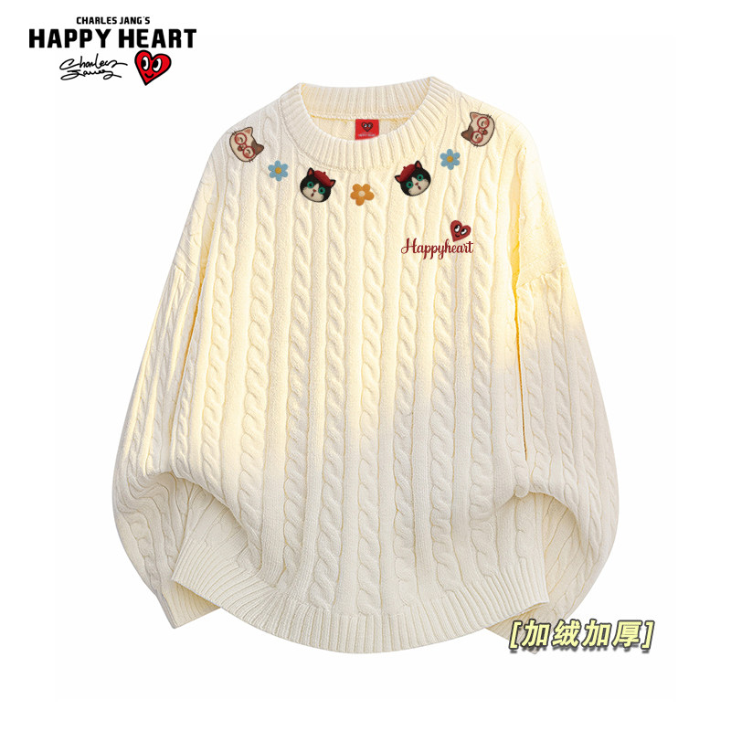 查尔斯桃心小猫印花圆领针织衫男女冬季新款宽松休闲加绒加厚毛衣