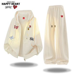 宽松休闲长裤 男秋冬季 两件套 卫衣套装 查尔斯桃心格子蝴蝶印花开衫