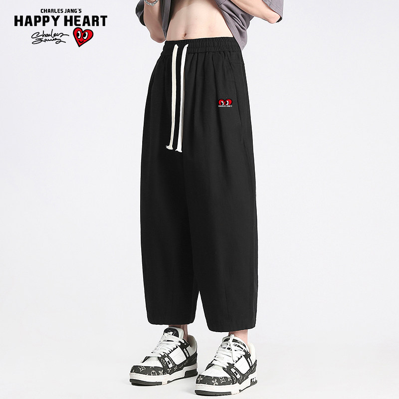 查尔斯桃心 2026年新款直筒阔腿休闲长裤男抽绳九分裤宽松