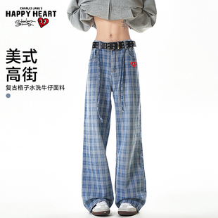 查尔斯桃心美式格子阔腿牛仔裤男女宽松直筒裤子抽绳休闲长裤春秋