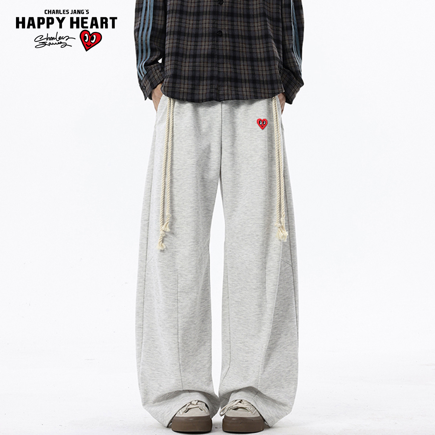 查尔斯桃心灰色卫裤男春秋季直筒阔腿裤美式重磅百搭运动休闲裤子,男装,休闲裤,淘宝优惠券,粉丝福利购,淘宝优惠卷