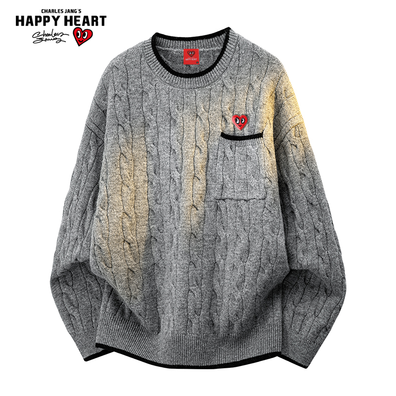 查尔斯桃心 美式假两件麻花毛衣男秋冬季新款针织衫圆领情侣上衣