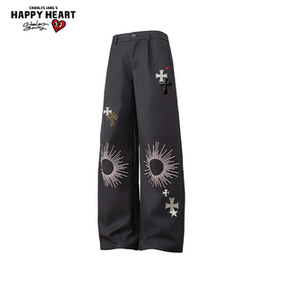 查尔斯桃心十字架印花西装裤男女春秋季新款宽松直筒休闲长裤子潮