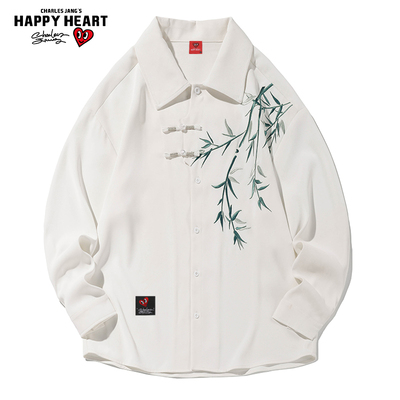 查尔斯桃心 春秋新款中式竹子印花单排扣翻领长袖衬衫男休闲外套