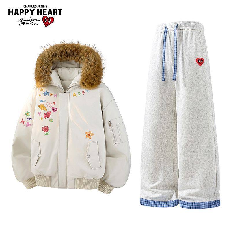 查尔斯桃心休闲套装男女冬季连帽涂鸦毛领棉衣长裤子保暖两件装,男装,时尚套装,淘宝优惠券,粉丝福利购,淘宝优惠卷
