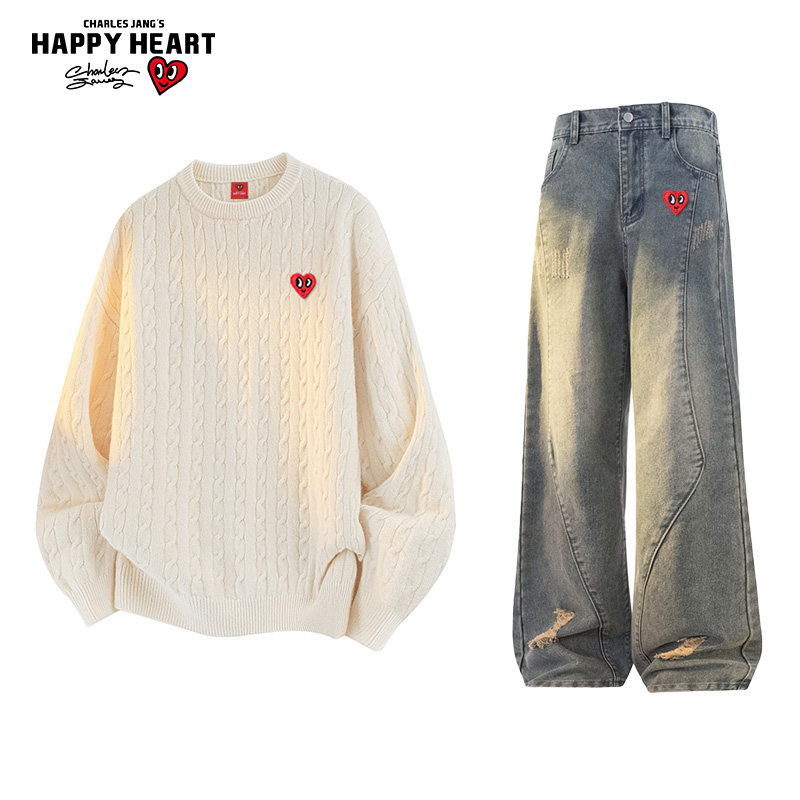 查尔斯桃心休闲套装男女秋冬2025新款爱心刺绣毛衣牛仔裤一整套潮,男装,休闲运动套装,淘宝优惠券,粉丝福利购,淘宝优惠卷