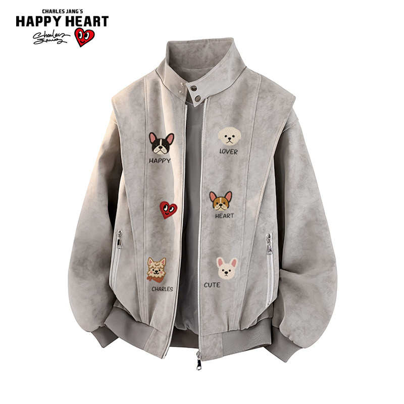 查尔斯桃心小狗印花美式解构复古pu皮夹克男女春秋季新款休闲外套