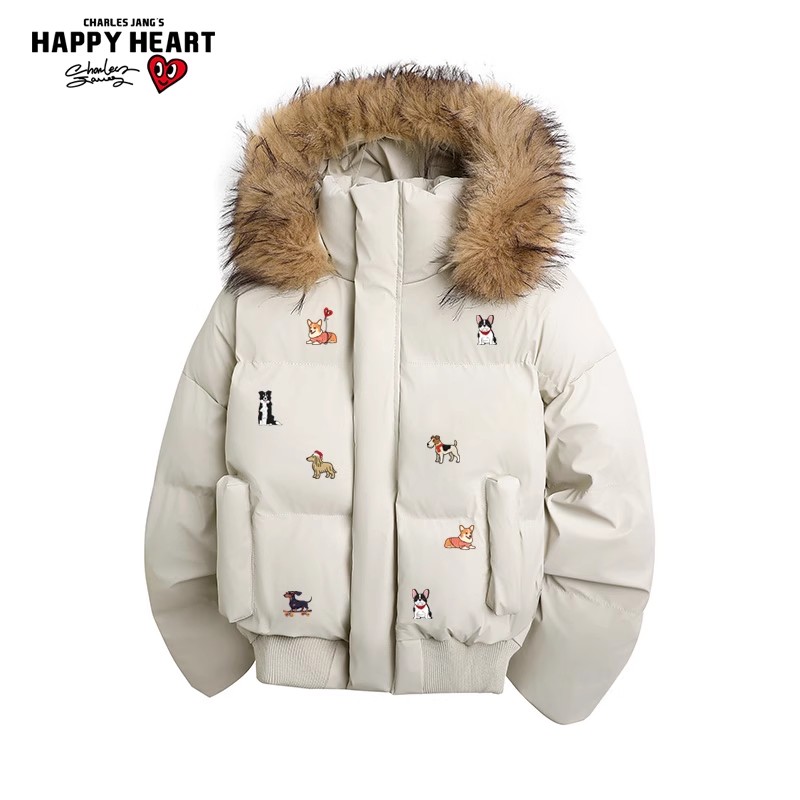 查尔斯桃心小狗印花棉衣男连帽